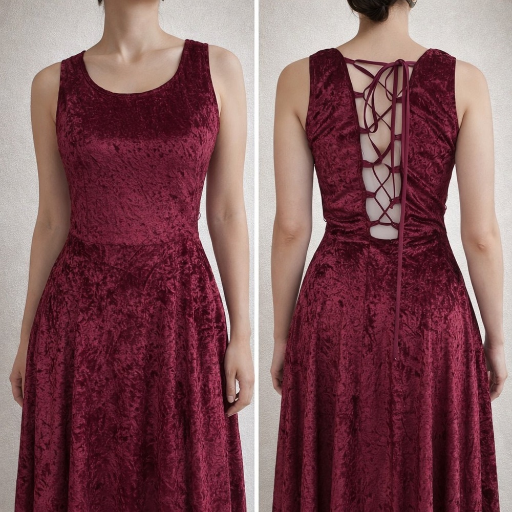 Vintage USA Made Burgundy Velvet Lace-Up Back Maxi Dress | Witchy Boutique
